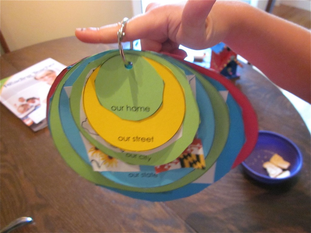 little child holding up the circles of 'me on the map'