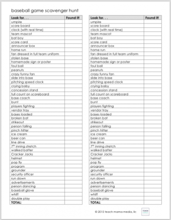 baseball game scavenger hunt | teachmama.com