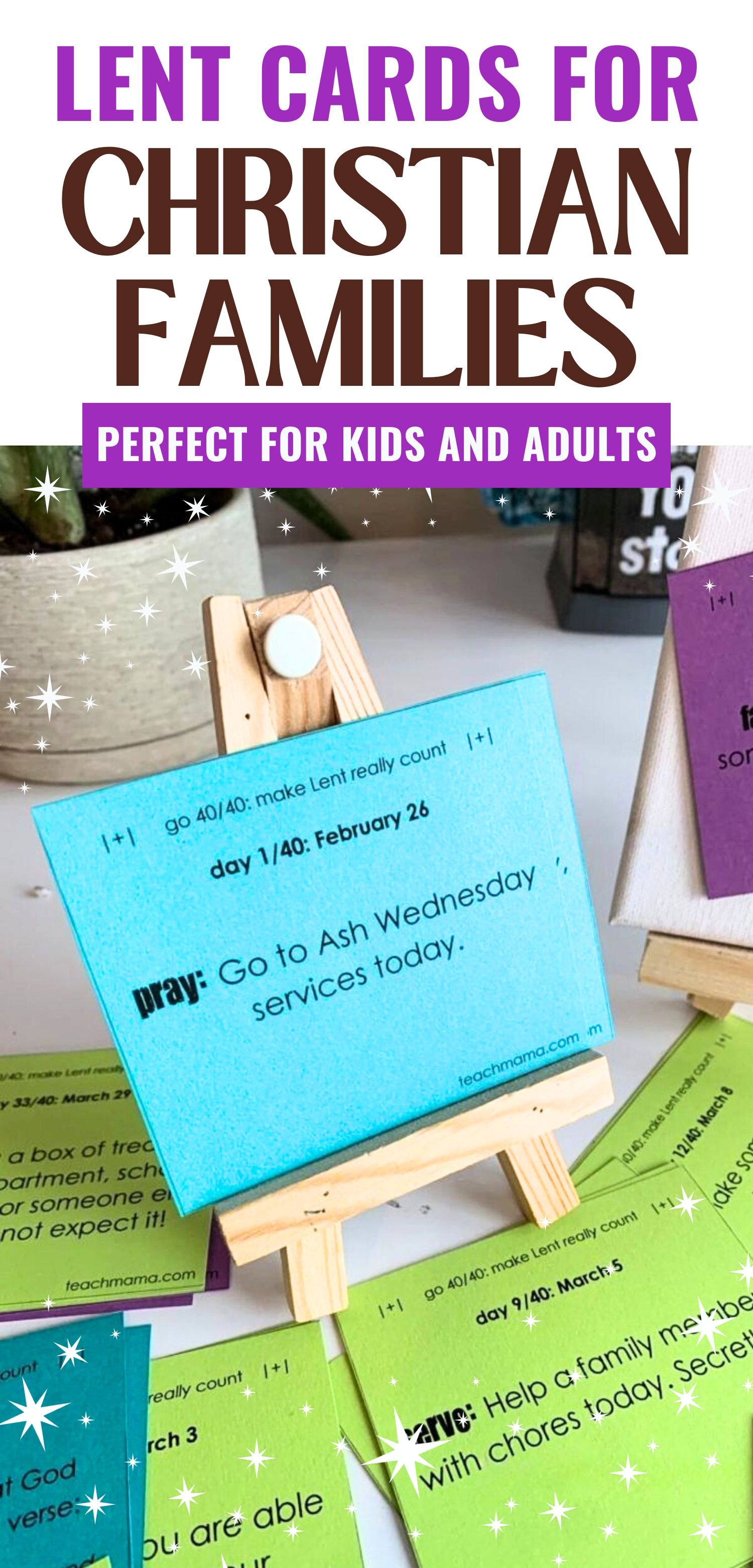 Lent cards for christian families printed in various colors and cut out for use with a text overlay that says lent cards for christian families perfect for kids and adults