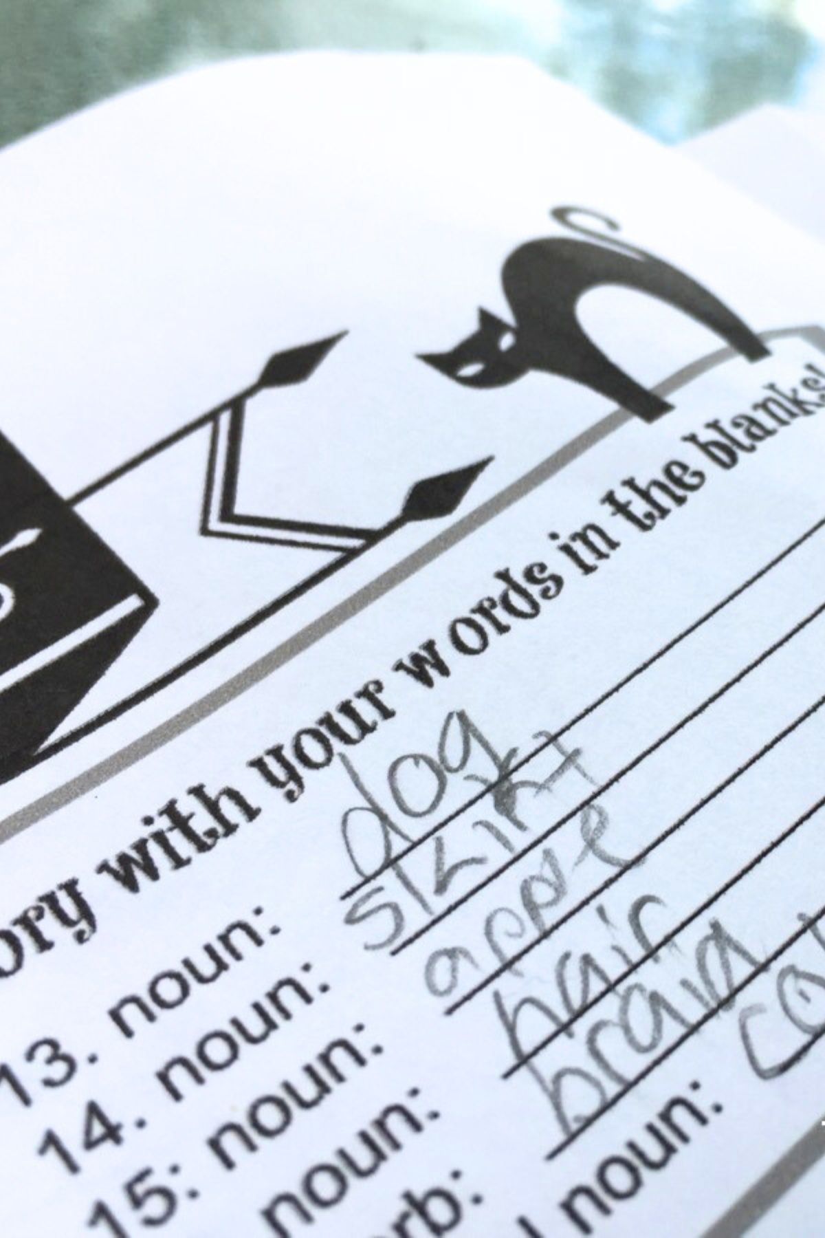 Close-up of the Halloween Mad-Lib worksheet