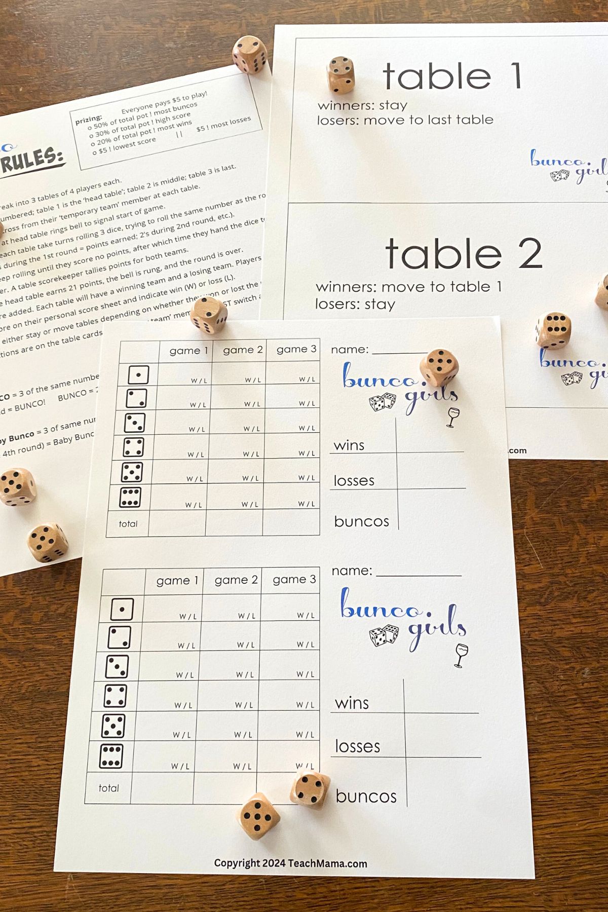 Bunco Night printables.  One page with rules.  Another page with score sheets and a third page with table cards