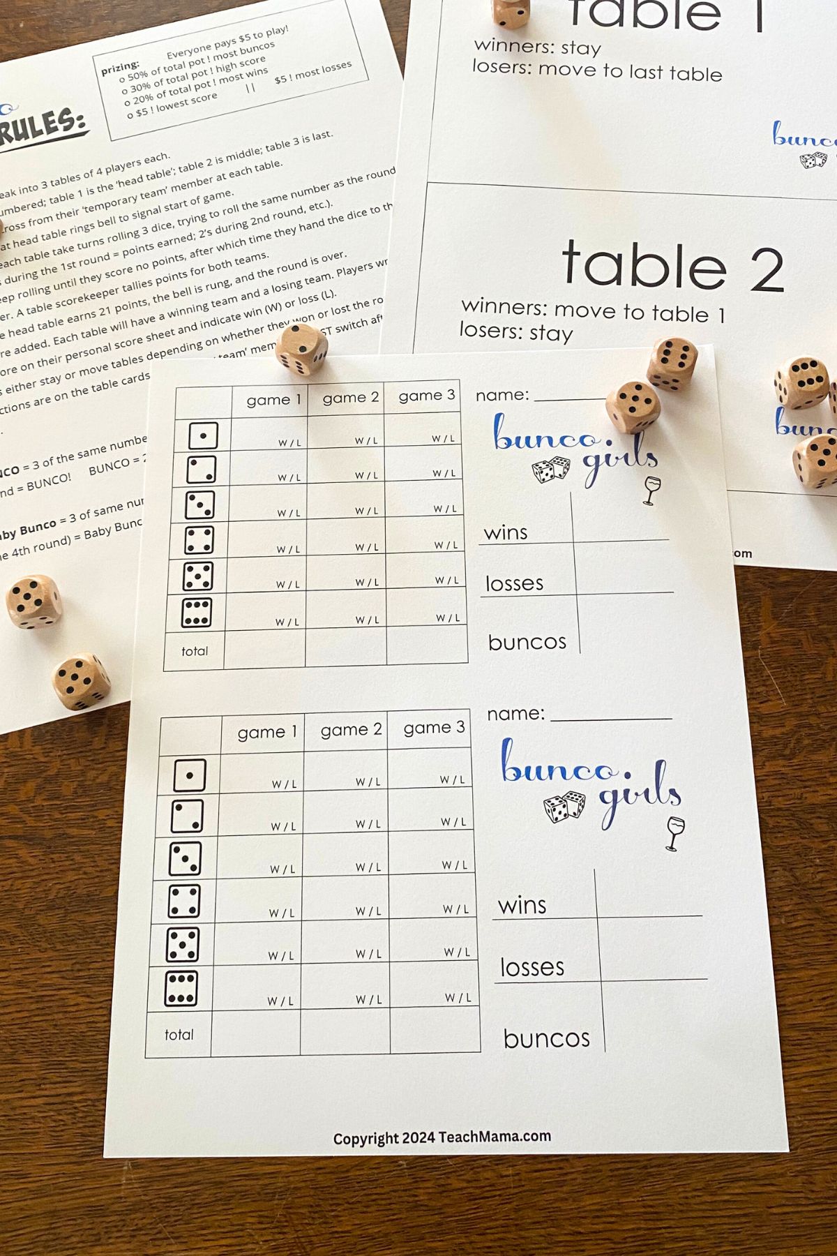 Bunco scoring sheet printable with wooden six sided dice