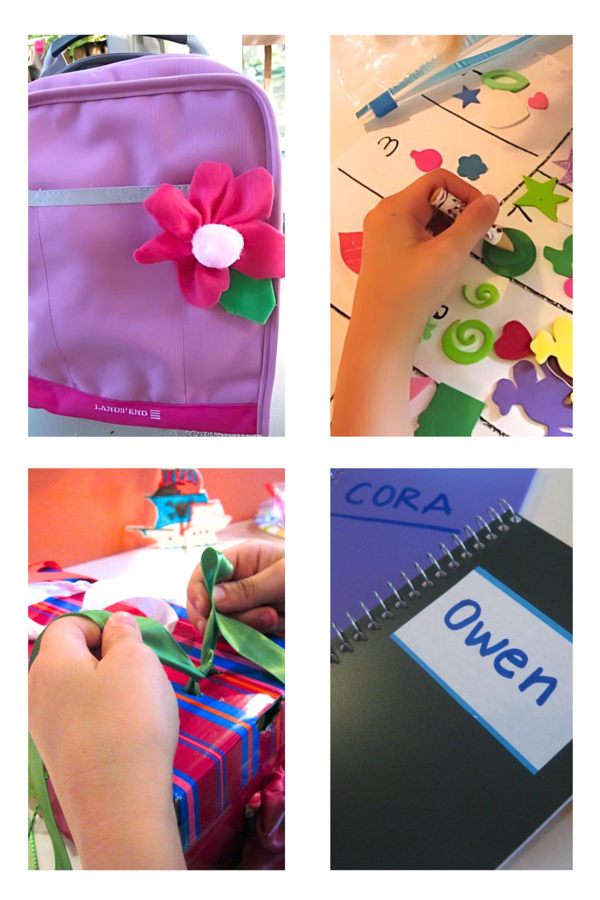 Collage of images.  Lilac backpack with a cloth flower.  A child's hand gluing shapes to a grid board.  Black spiral notebook with a name tag on the front cover.  A child tying laces.