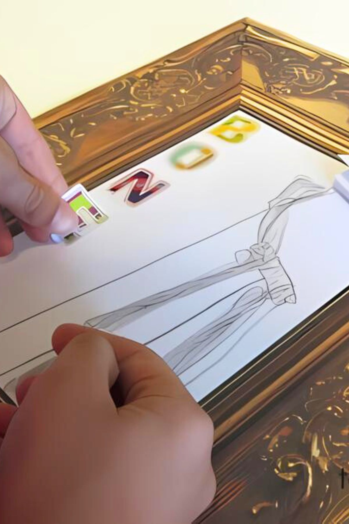 Childs hand making artwork with a drawing of a dinosaur on the right side and the word "bones" in cut-out letters along the left side all in a gold frame