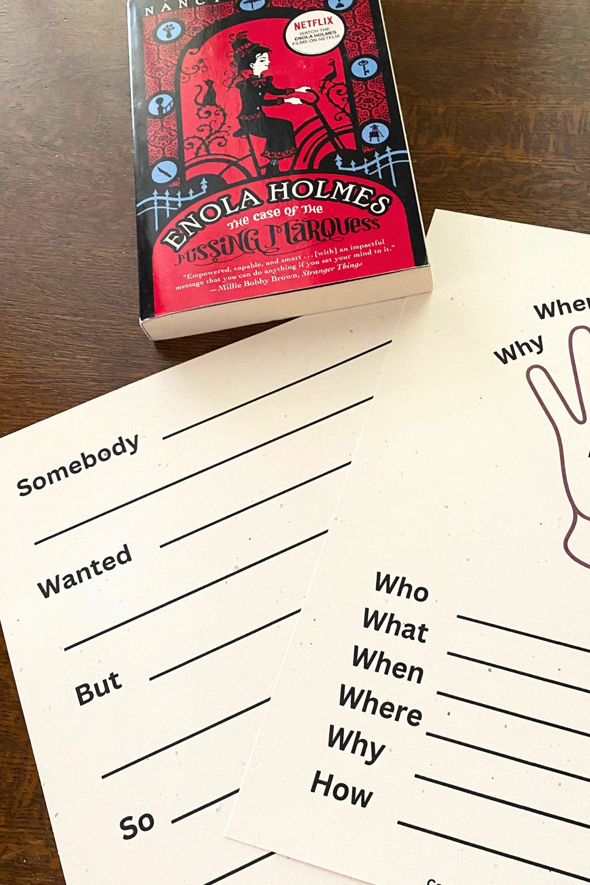 Two worksheets on a table. One with the outline of a hand and who, what, when, where, why and how and the other with lines to fill out summary points somebody wanted but so...