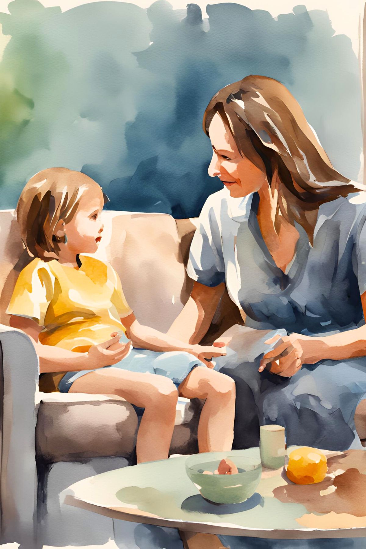 Mom and child talking on a sofa in watercolor style