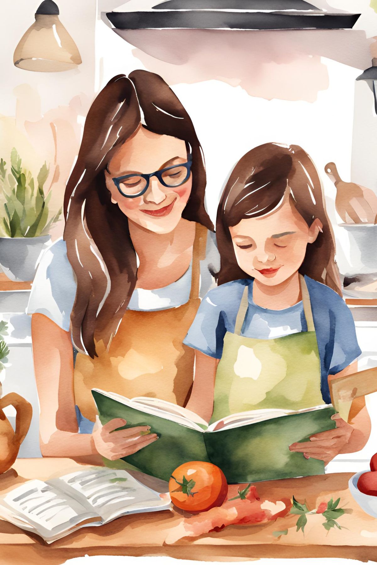 Mom and little girl reading a cookbook in the kitchen in watercolor style