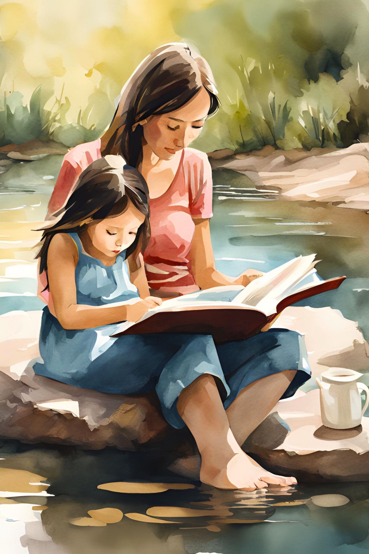 Watercolor style image of a mom reading to a little girl beside a pond