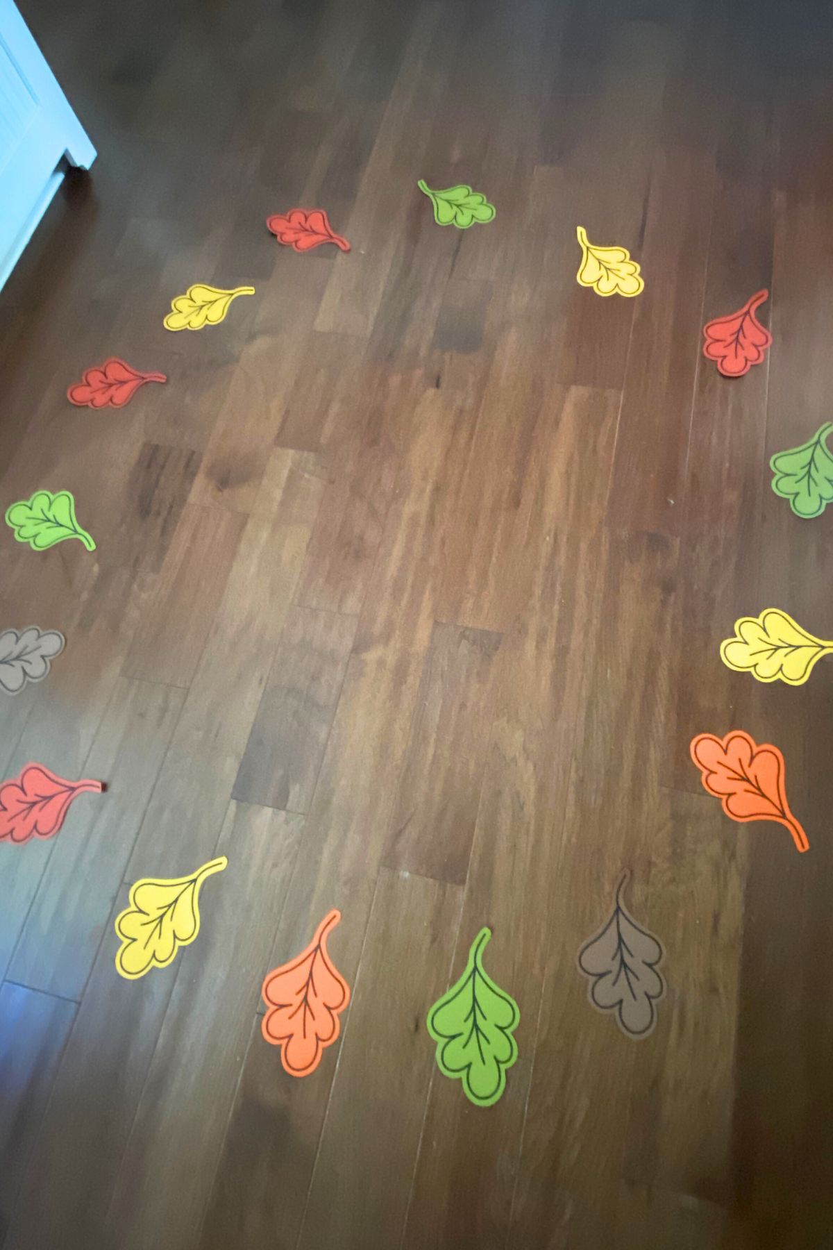 Oak leaves printed on fall-colored card stock in a circle on a wood floor