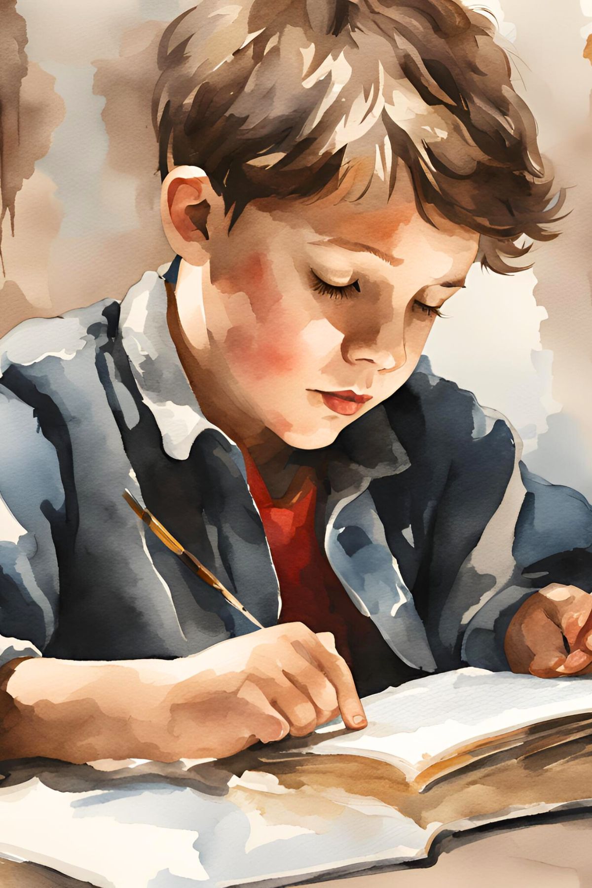 Boy reading a book with a pencil in his hand in watercolor style