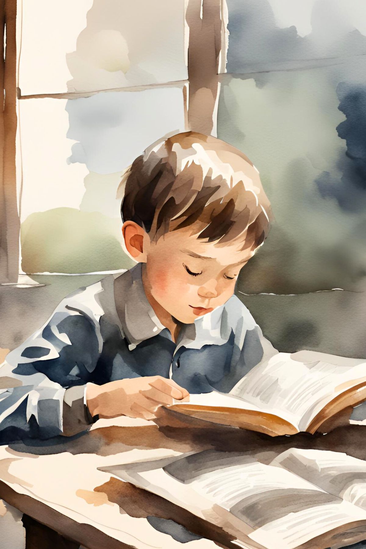 Boy in a denim jacket reading at a table in watercolor style