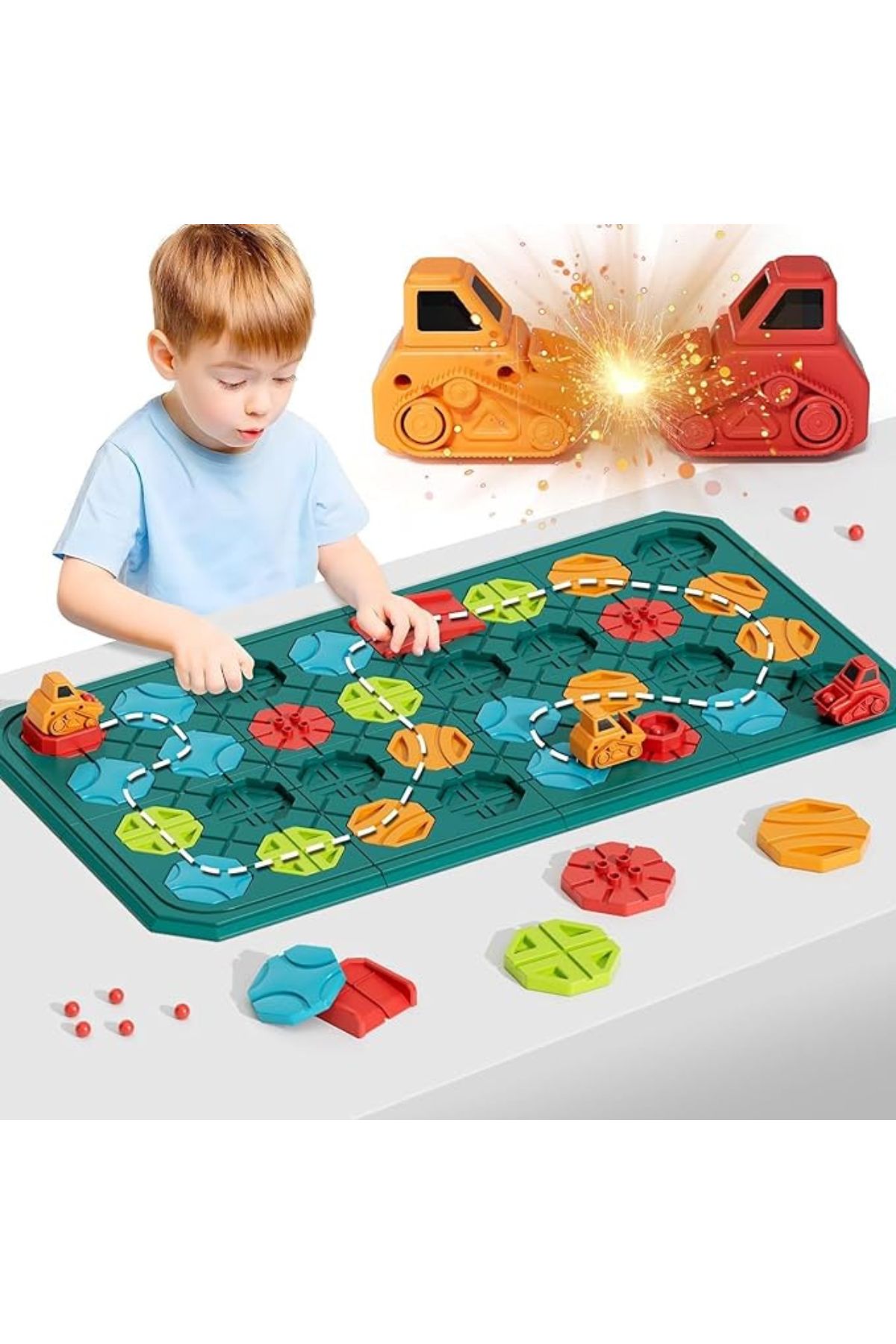 Boy standing behind table-top green game board octagonal game pieces.