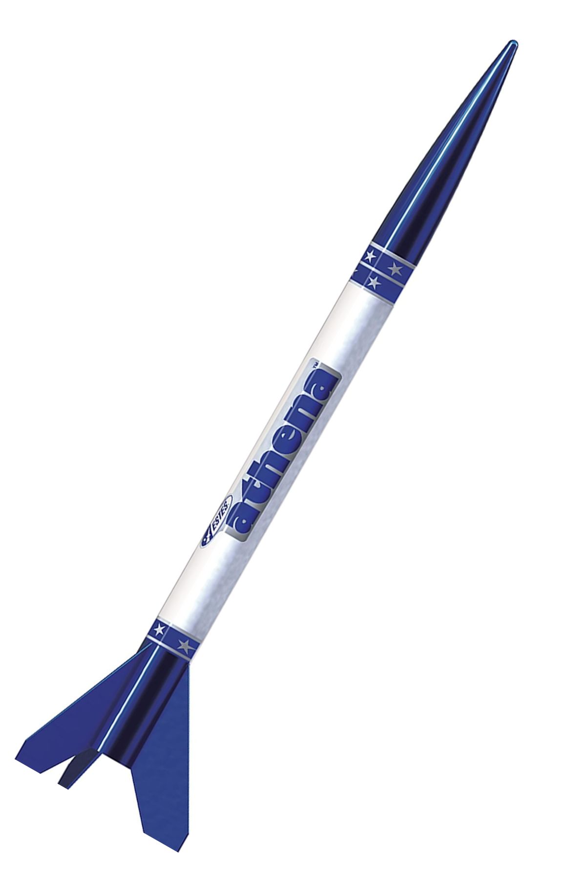 White model rocket with a blue "Athena" lettering on the side. Blue fins and nosecone