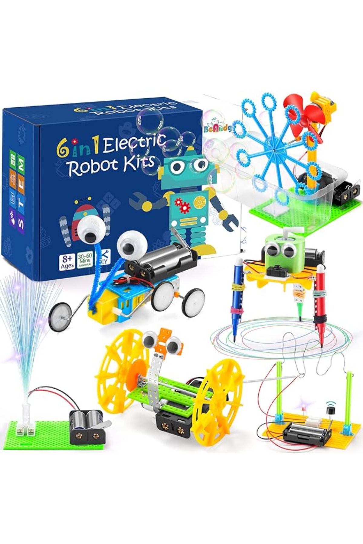 6-in-1 Electric Robot Kit Box with robotic toys in front of it
