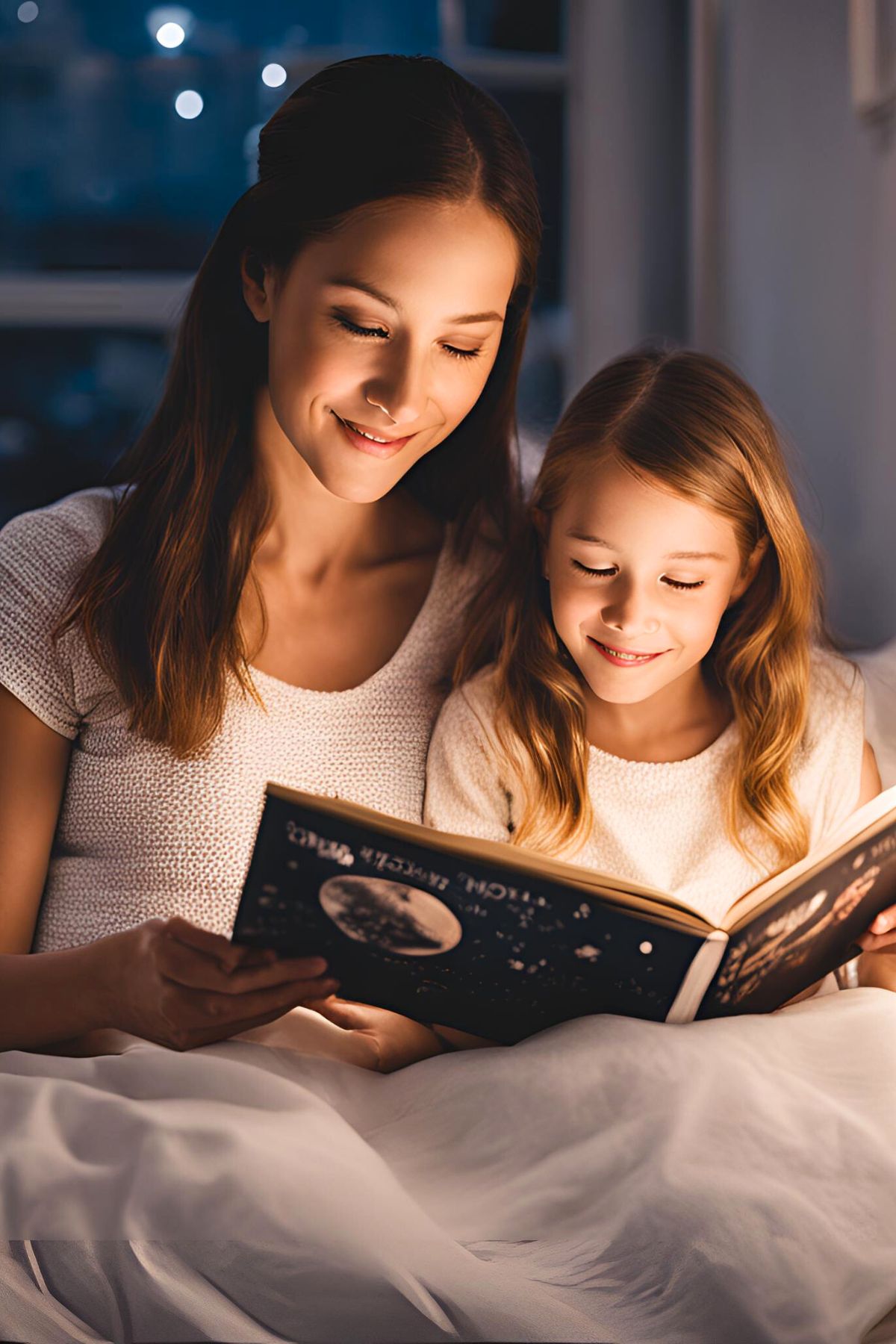 Mother reading to daughter in bed at night