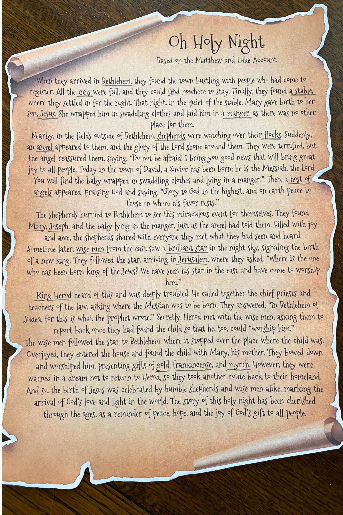 Printed Christmas story titled Oh Holy Night