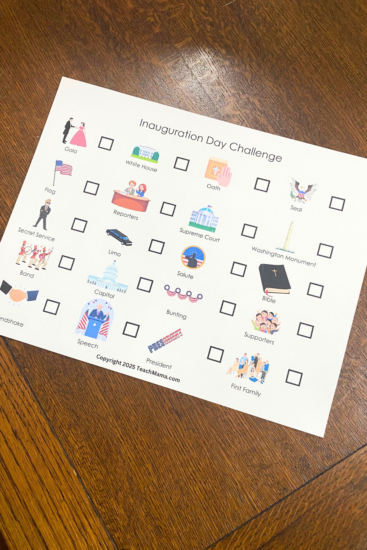 Images and phrases kids will hear during the inauguration printed on white cardstock.