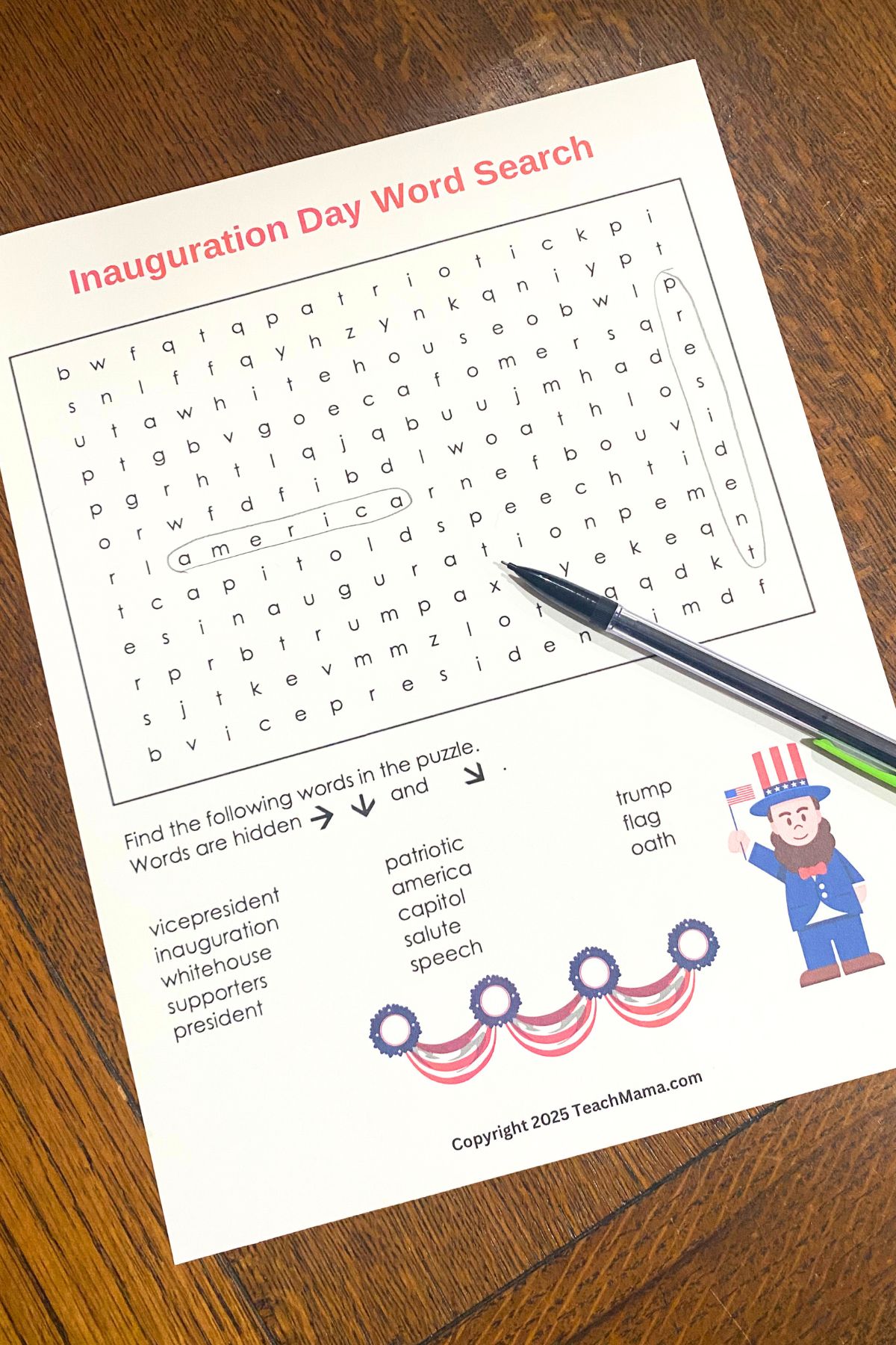 Inaurgation-themed word search printed on white cardstock.