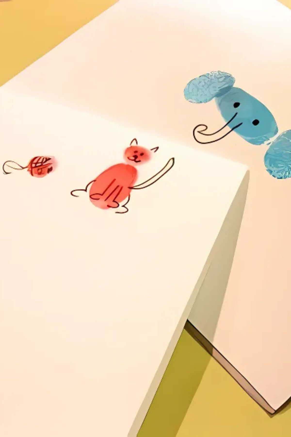A cat, mouse and elephant drawn over blue and pink thumbprints