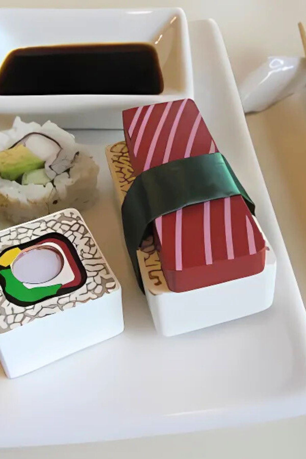 Sushi plate with a sauce bowl, a real sushi roll and fake wooden sushi