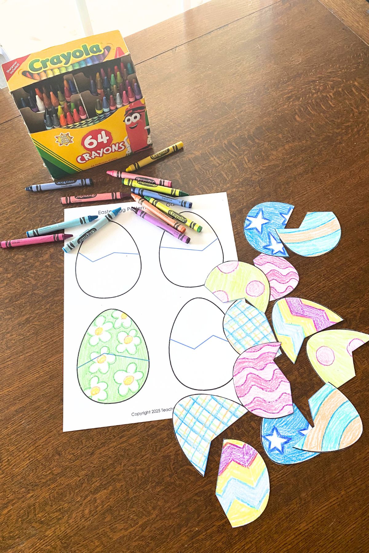 easter egg pattern match teachmama.com A box of crayons and egg-shaped printed on white card stock decorated with colorful patterns on a wooden table