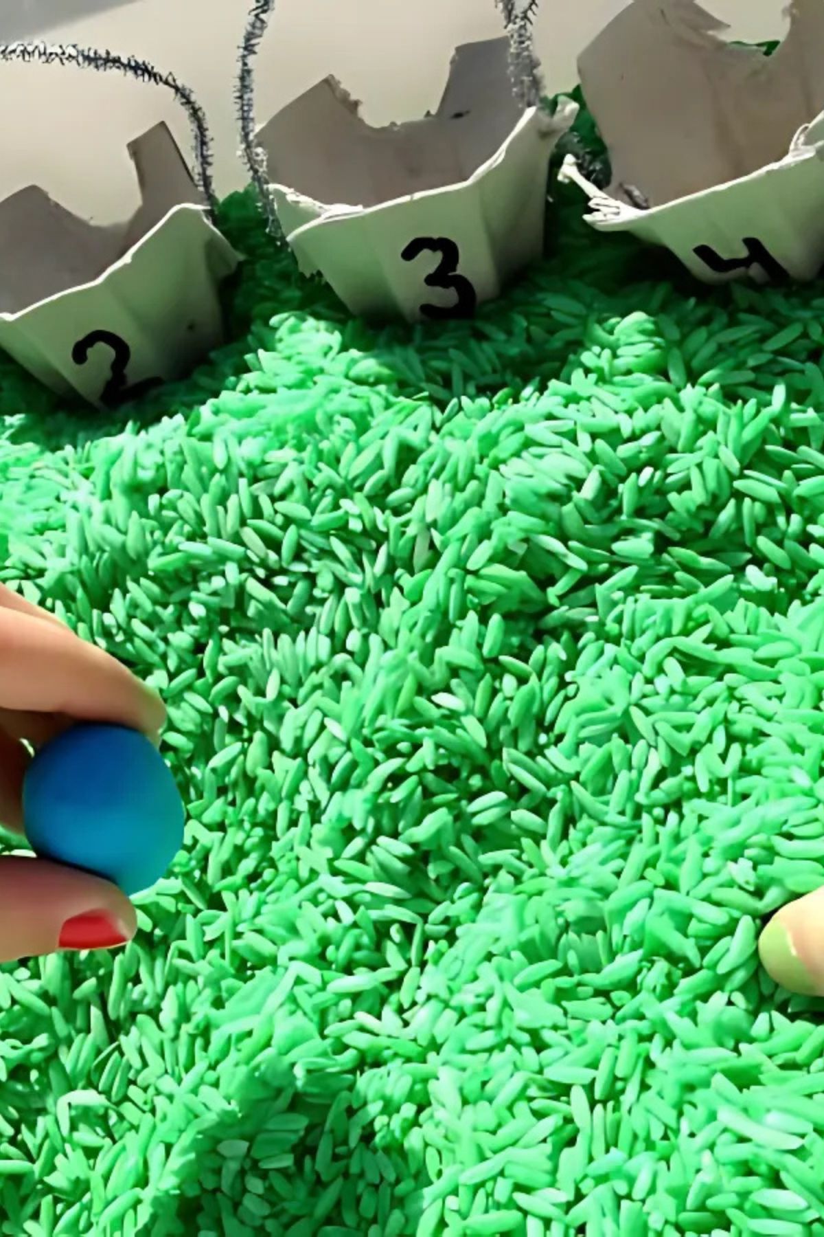 Hiding candy eggs in a bed of green stained rice