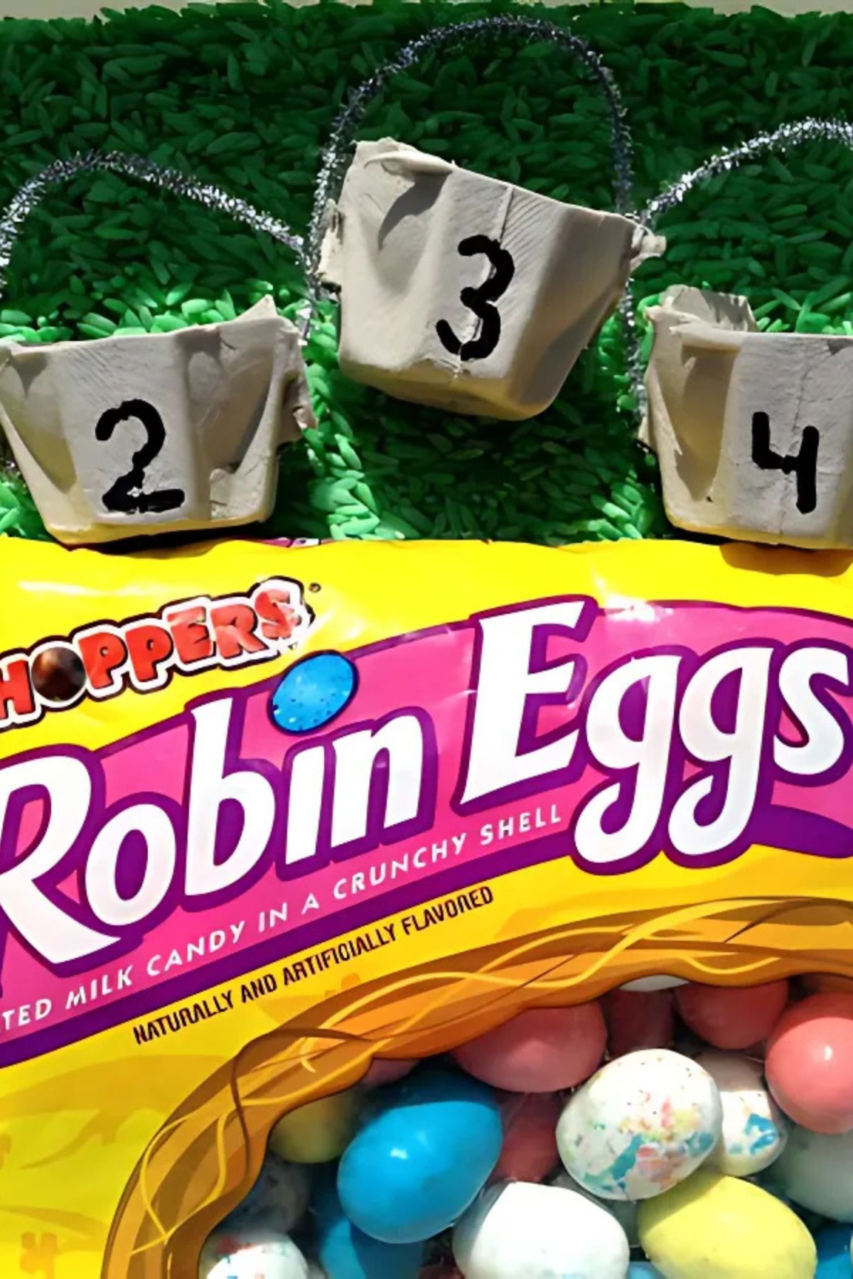 egg carton sections, robins eggs candy package and rice stained green