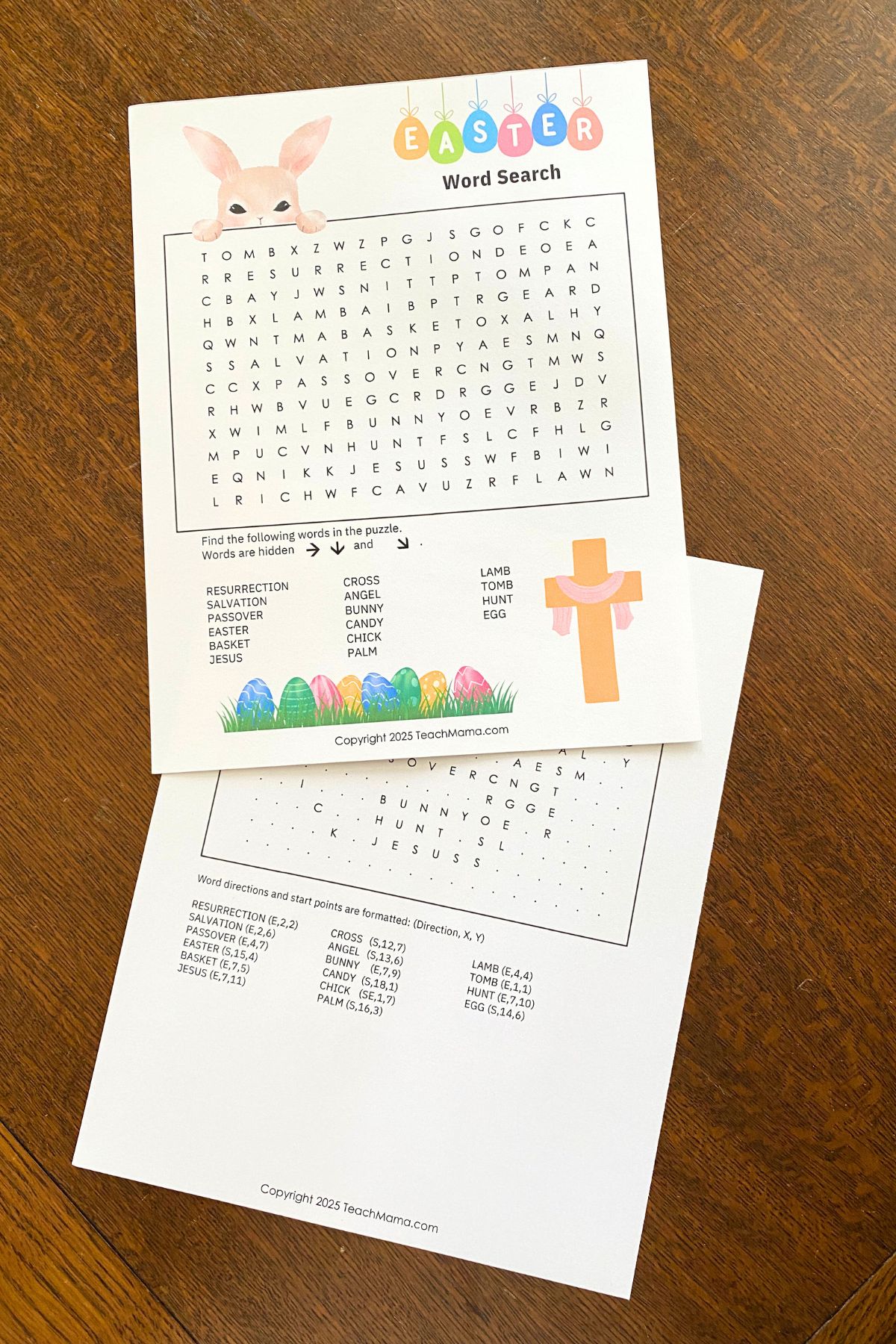 Easter word search printed on white card stock with colorful Easter cartoon images on a wooden table