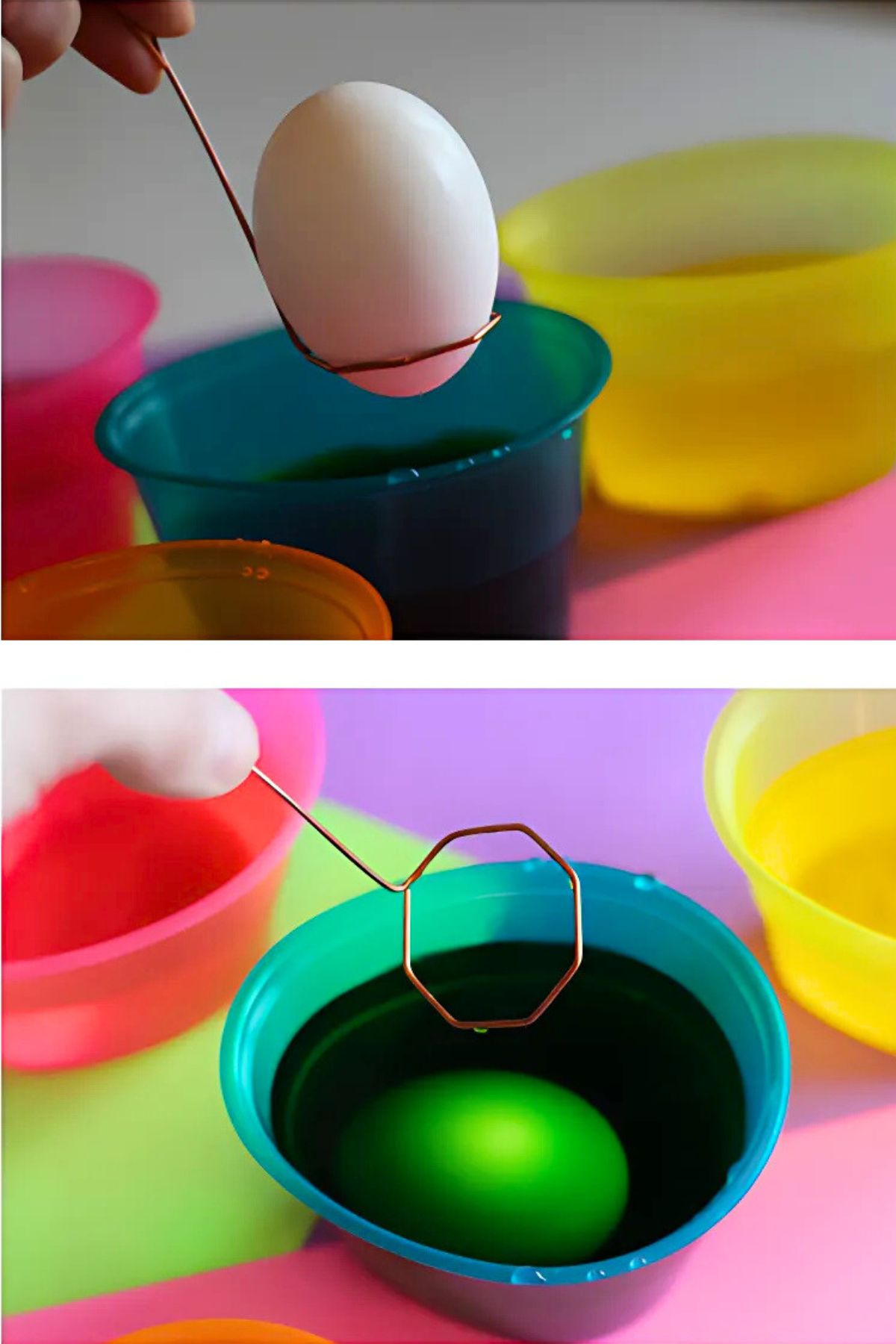 Egg in a wire dipper over and then into a cup of dye