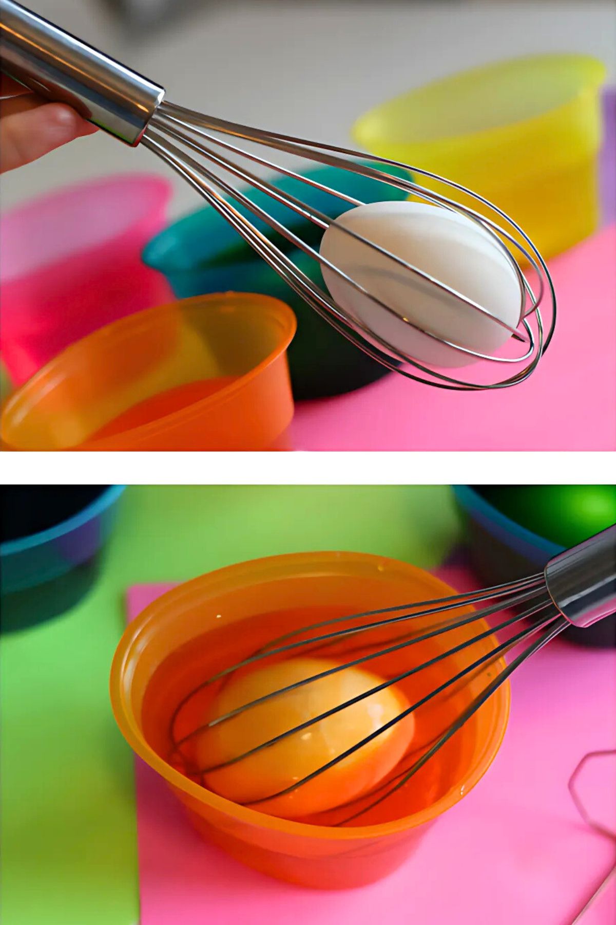 Boiled egg inside a small whisk over and then into a cup of egg dye