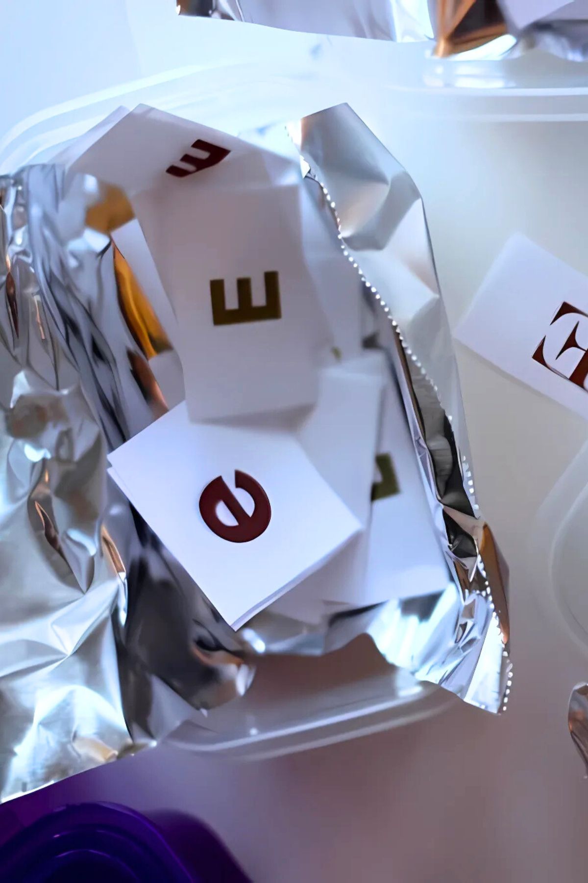 Brown letter E's printed on white paper and cut out into squares.