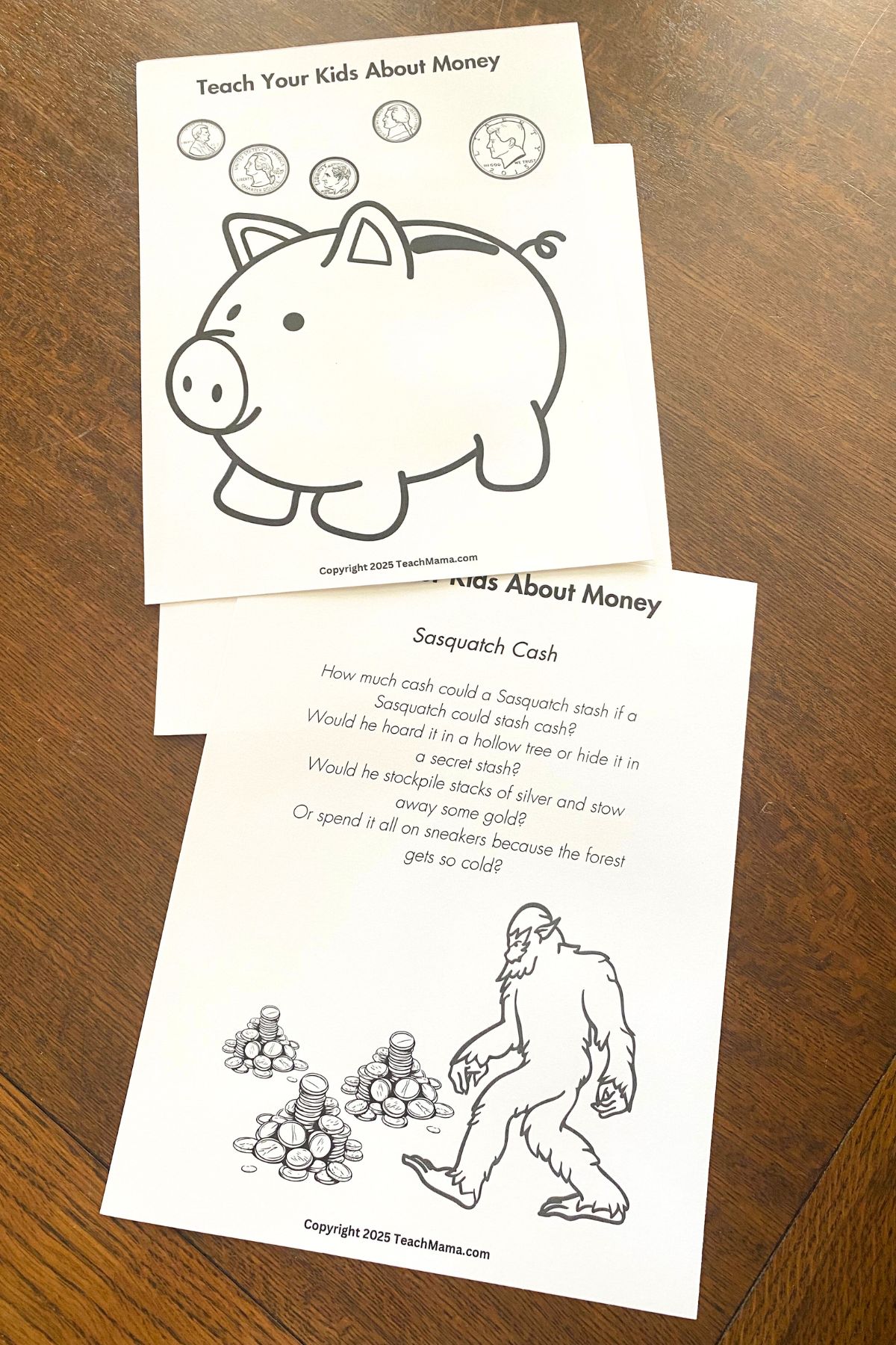 Piggy bank and coin images printed on white card stock and an image of a sasquatch with the poen Sasquatch chase printed on white card stock