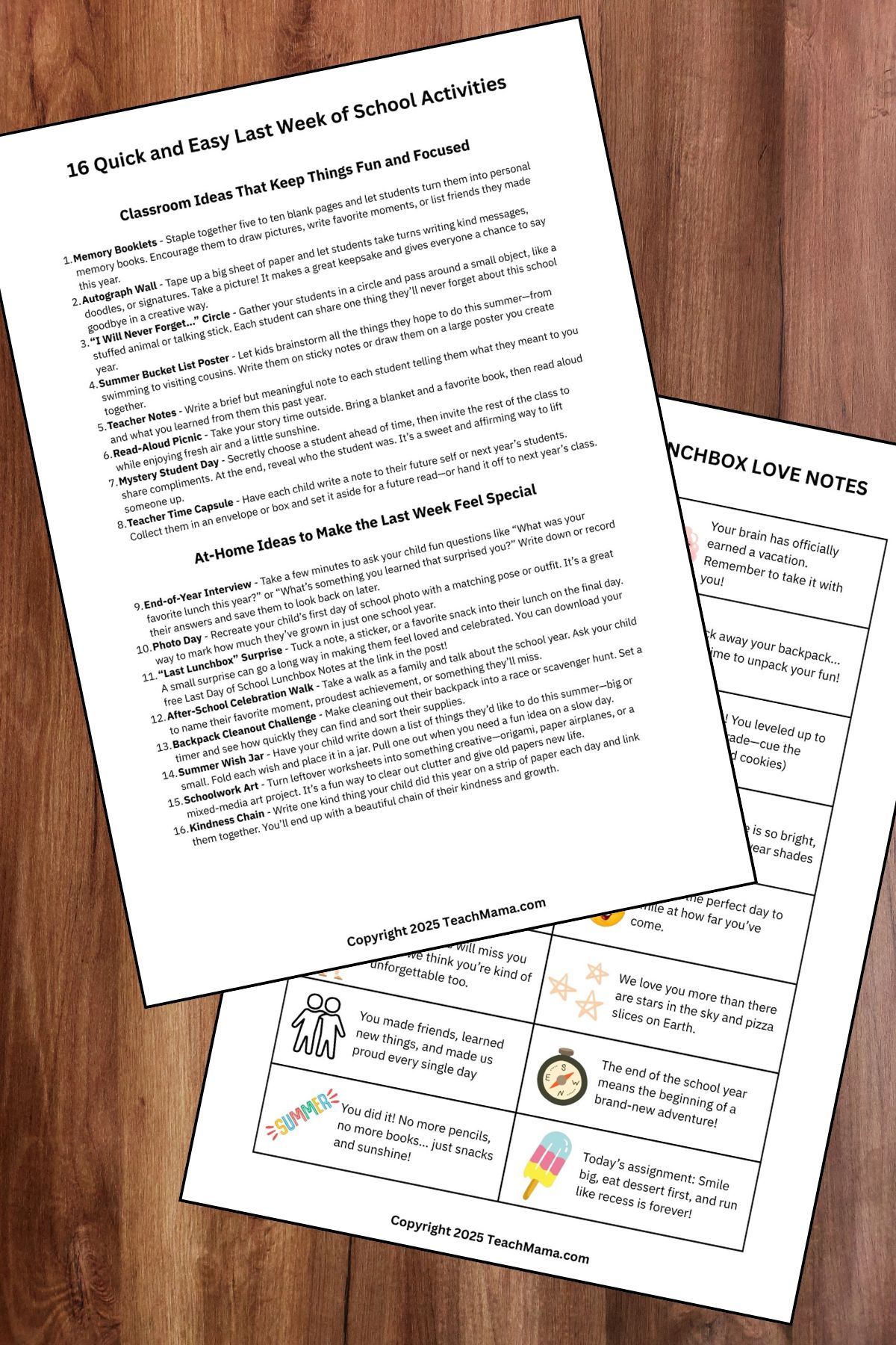 Printed page with the post activities list and a page of lunchbox notes for kids with colorful cartoon-style images on a wood background