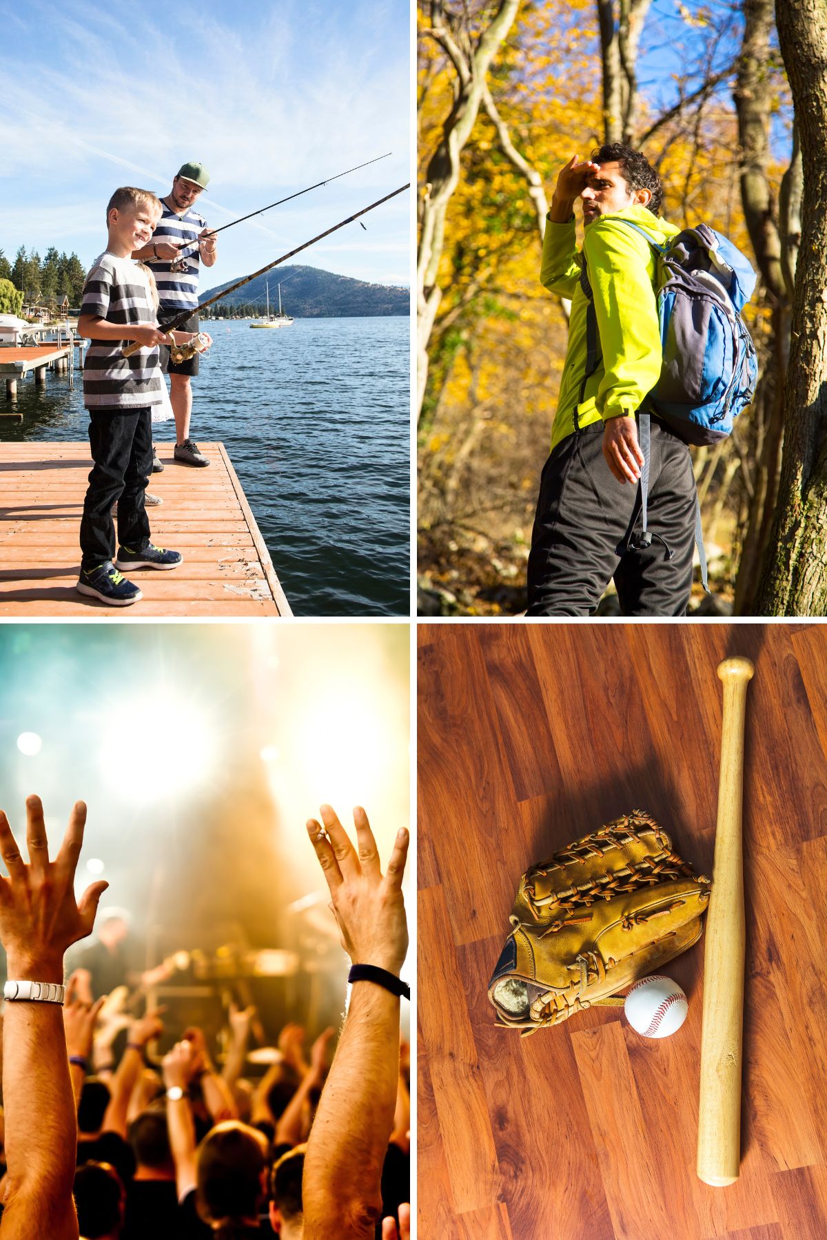 Collage of photos; man and boy fishing on a dock, man hiking, raized arms at a concert, baseball, glove and bat
