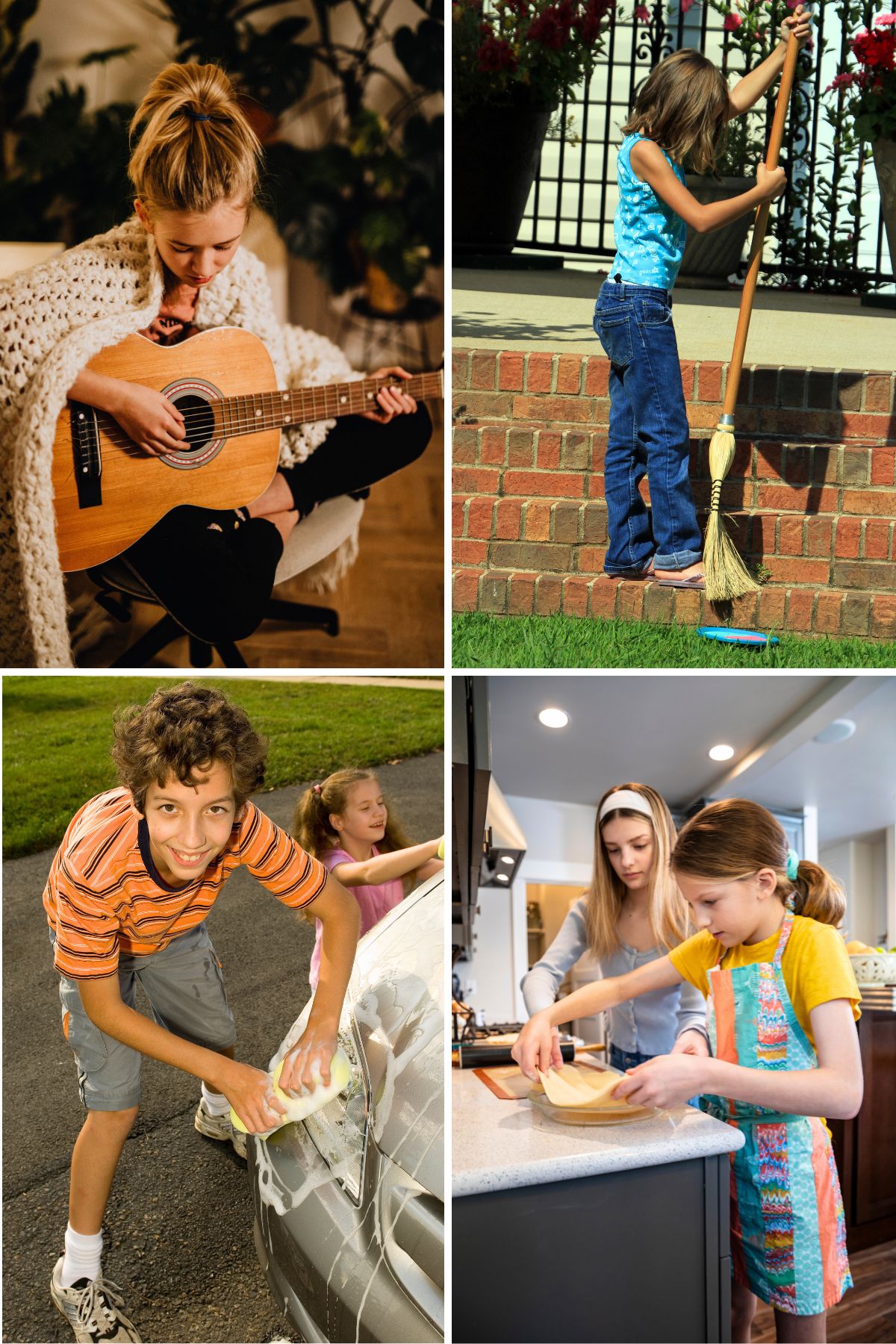 Four photo collage with a girl playing guitar, a girl raking, children washing a car and children cooking