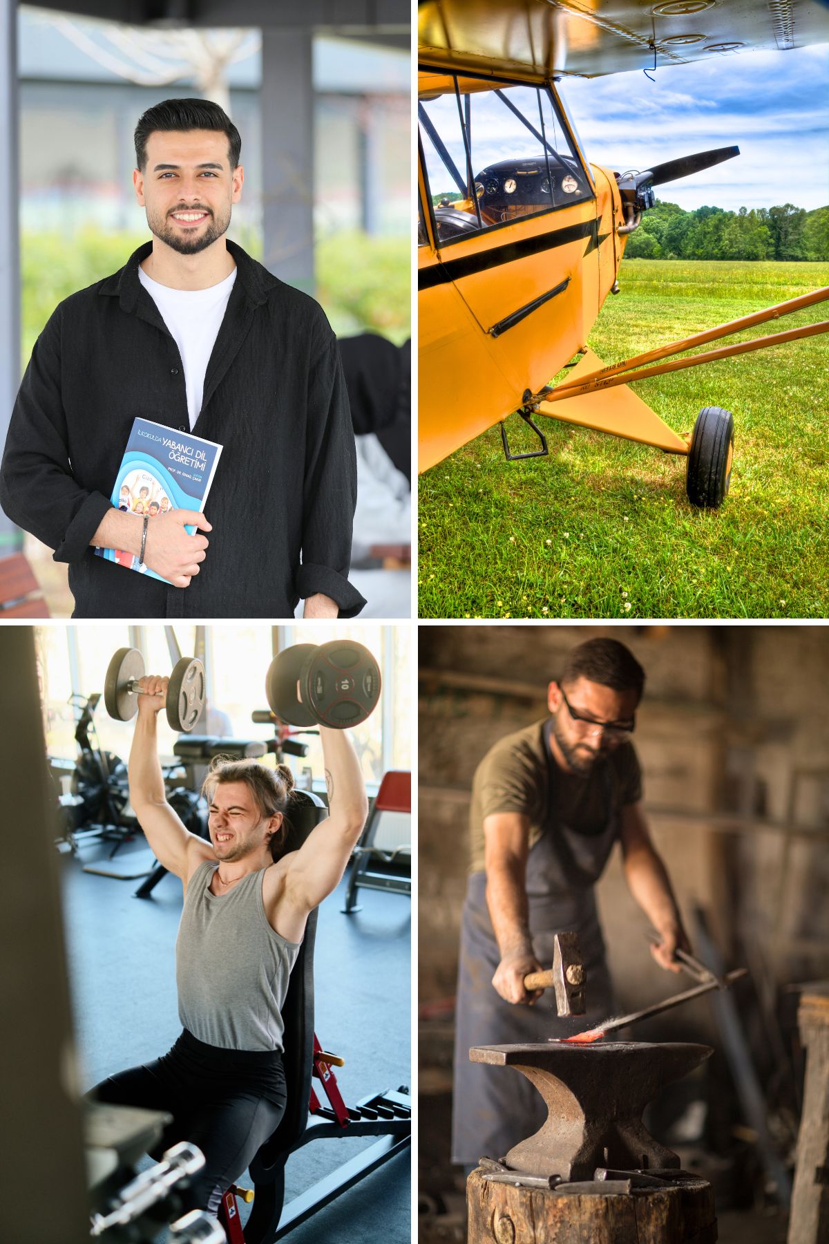 Four photo collage. Man holding a textbook, a Piper Cub airplane, man lifting weights, blacksmith and anvil