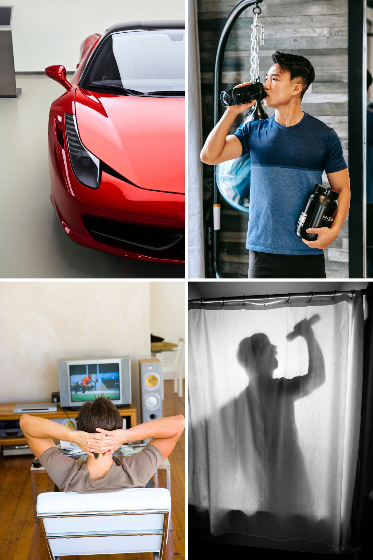 Four photo collage with a red sports car, a man drinking water in a gym, a man watching television and a man singing in the shower