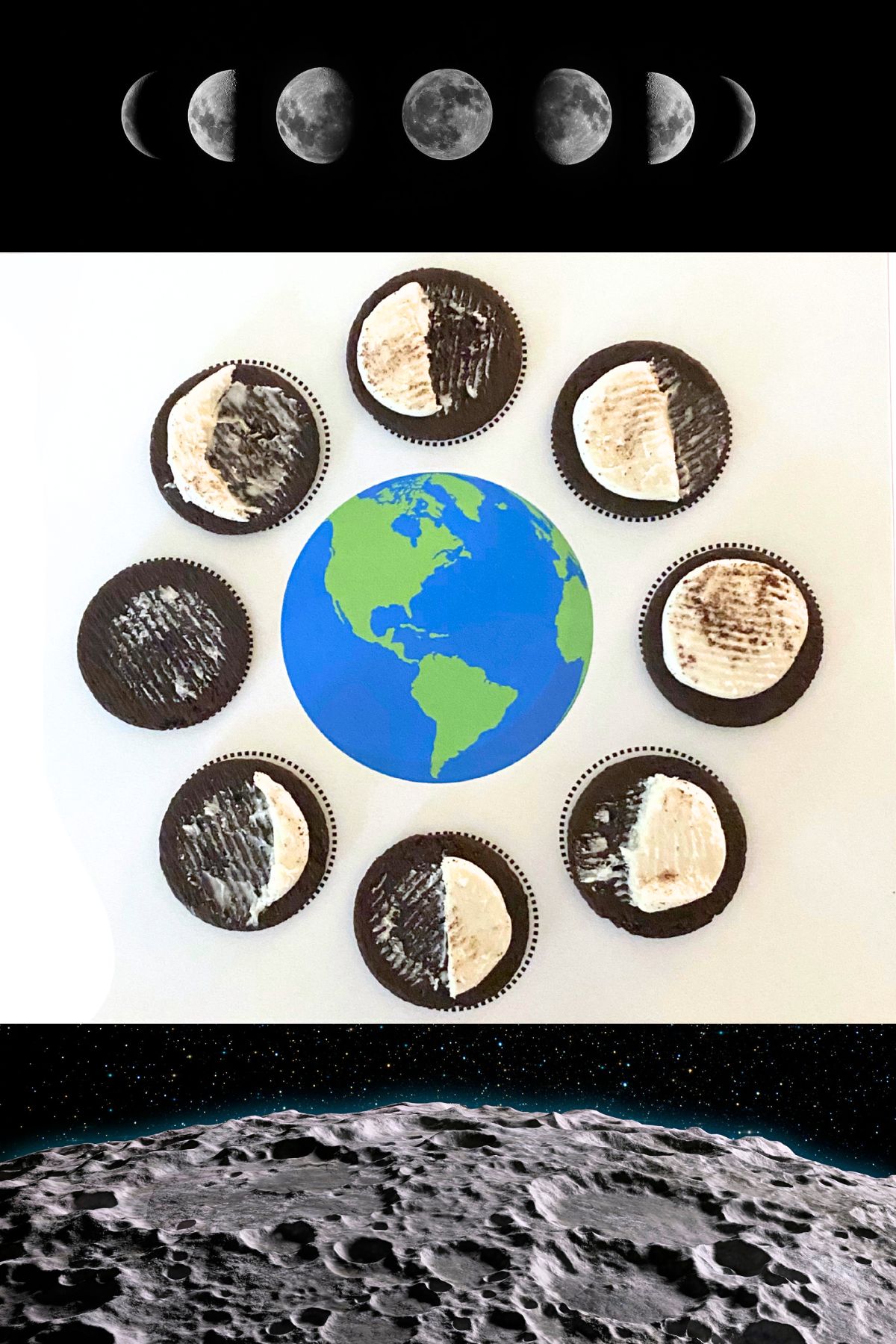 Photo collage with images of moon phases on top, oreo cookies with the icing carved into moon phases in the middle and a lunar landscape photo on the bottom