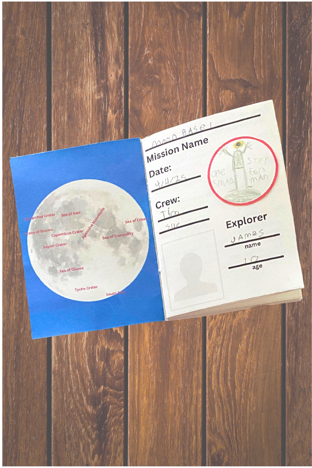 Lunar "passport" opened to the first page with a map of lunar features on the left-hand page and the Explorer's record on the right-hand page