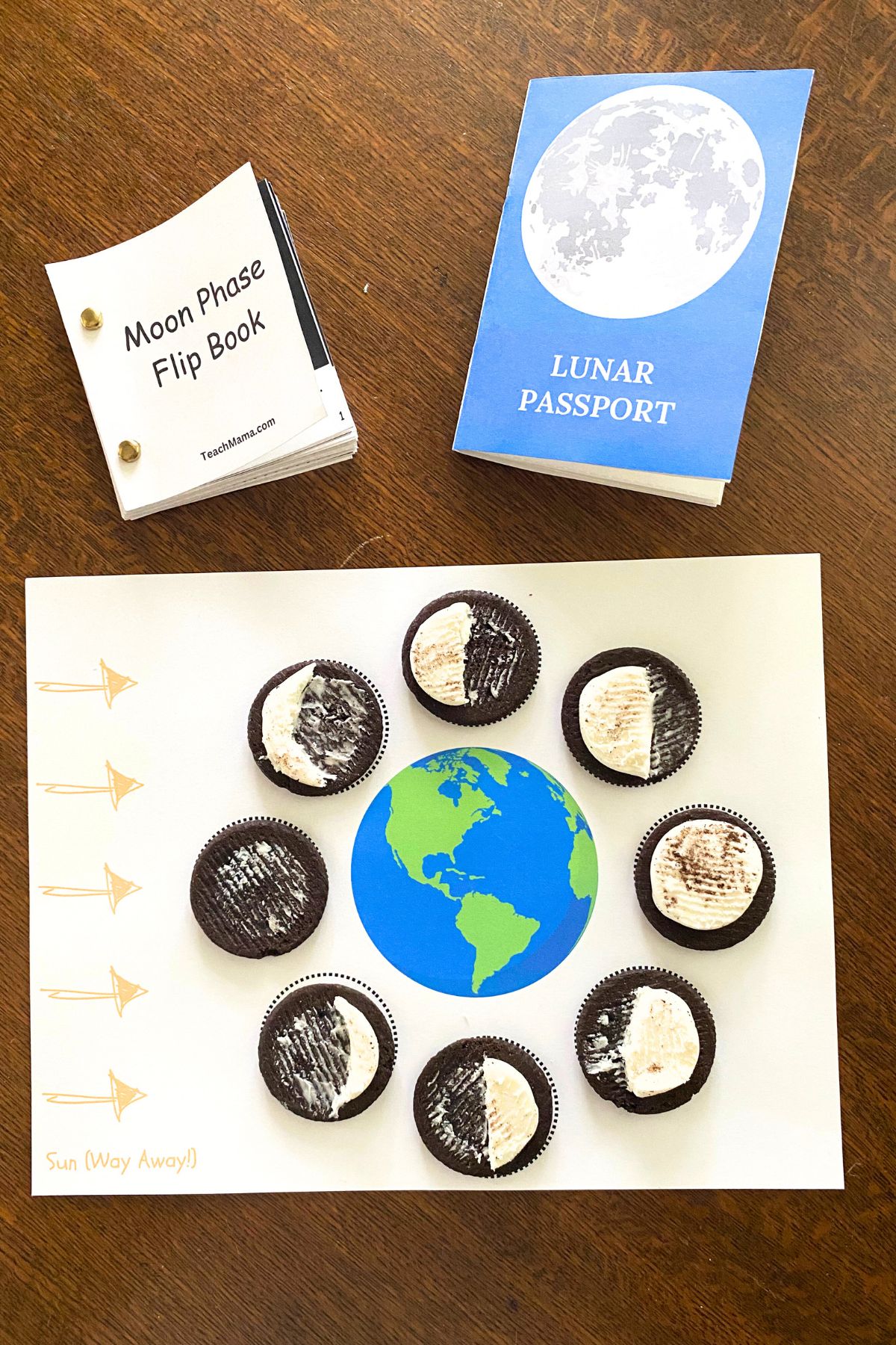 Printed Moon Phase Flip Book, Lunar Passport and open sandwich cookies with the icing carved to illustrate moon phases