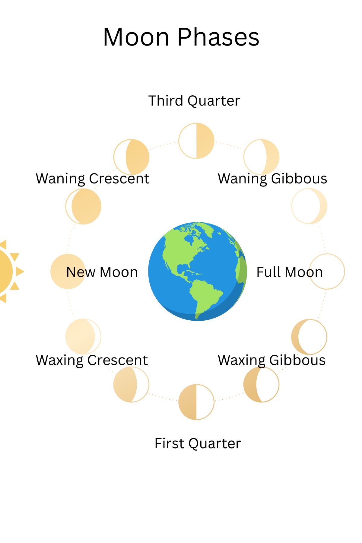 Labeled image of moon phases in a circle around a graphic image of Earth