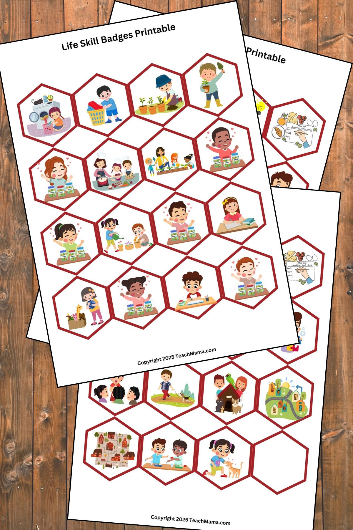 Printed hexagonal badges with red borders and colorful cartoon style images of kids performing daily chores
