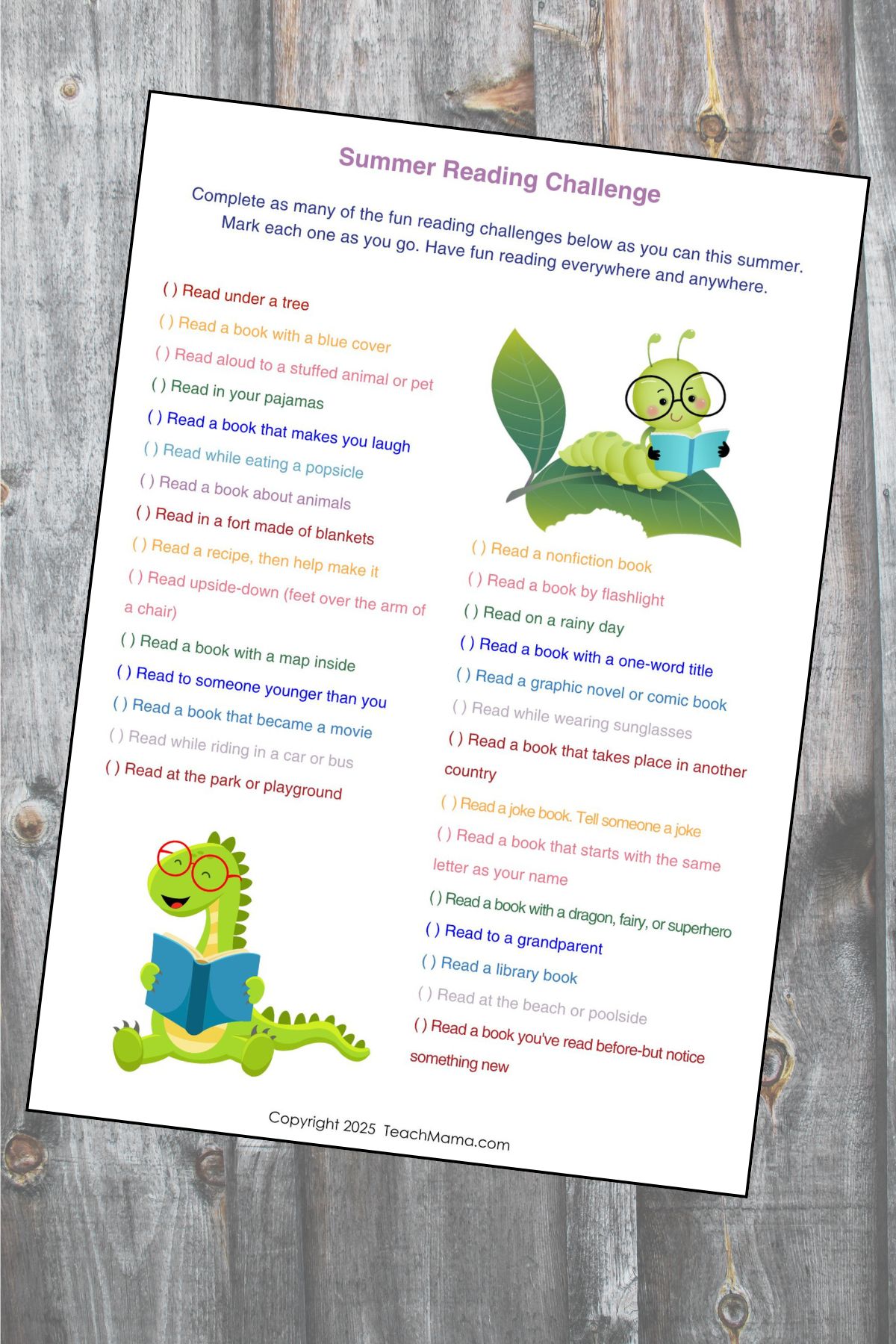 Summer Challenge printable with brightly colored ink and cartoon images of a dragon and a caterpillar reading