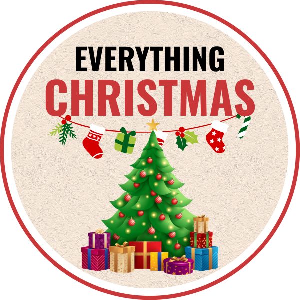 A red circle with a christmas tree in the middle. The words Everything Christmas at the top