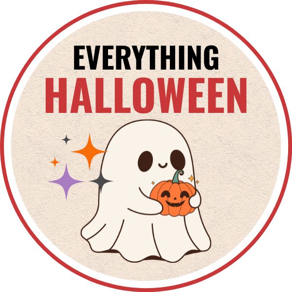 A cartoon ghost holding a jack o lantern pumpkin with a text overlay that says everything halloween