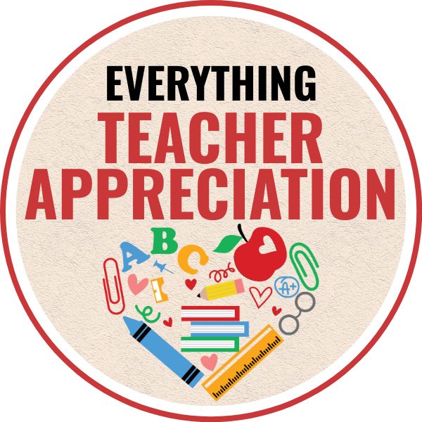 a heart made from various classroom items and a text overlay that reads everything teacher appreciation
