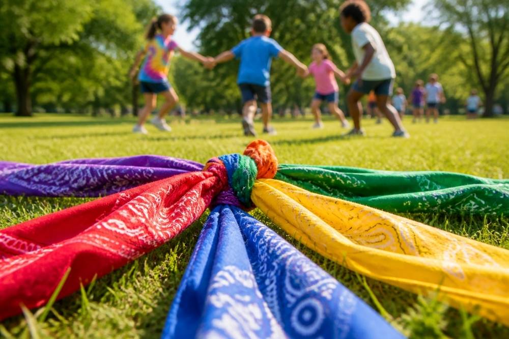 children holding hands in a circle, colorful scarves on grass