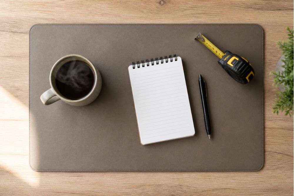 coffee, notebook, pen, tape measure on wooden desk