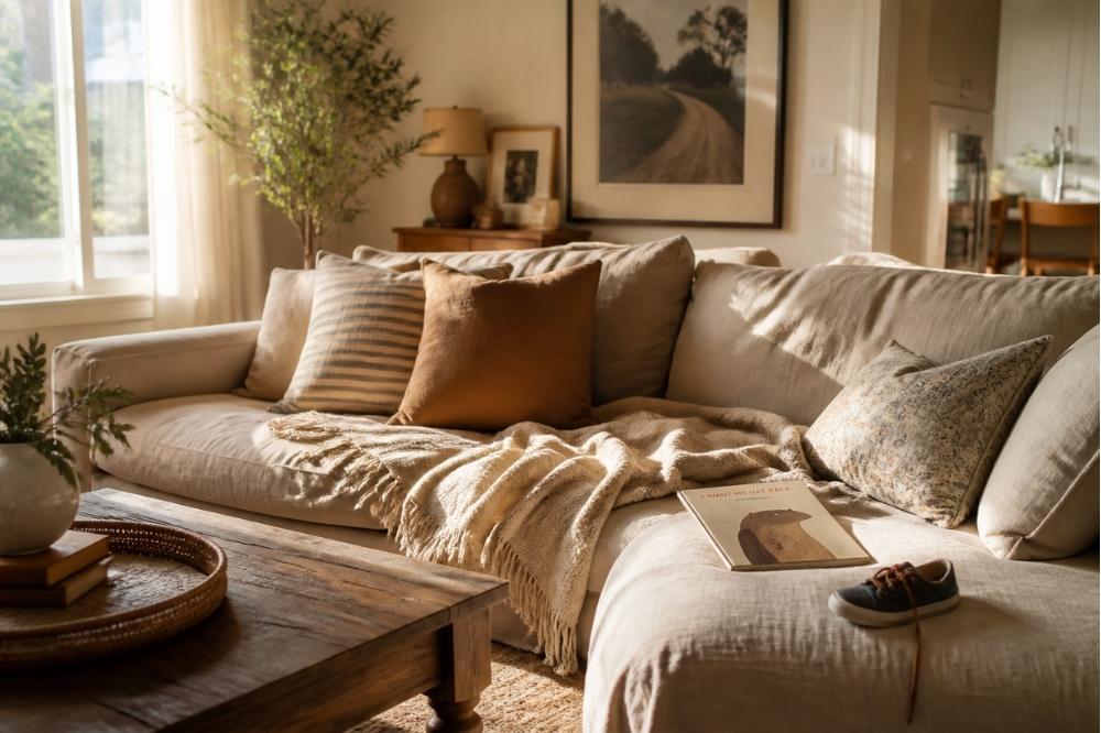 cozy living room with sofa, pillows, and warm lighting