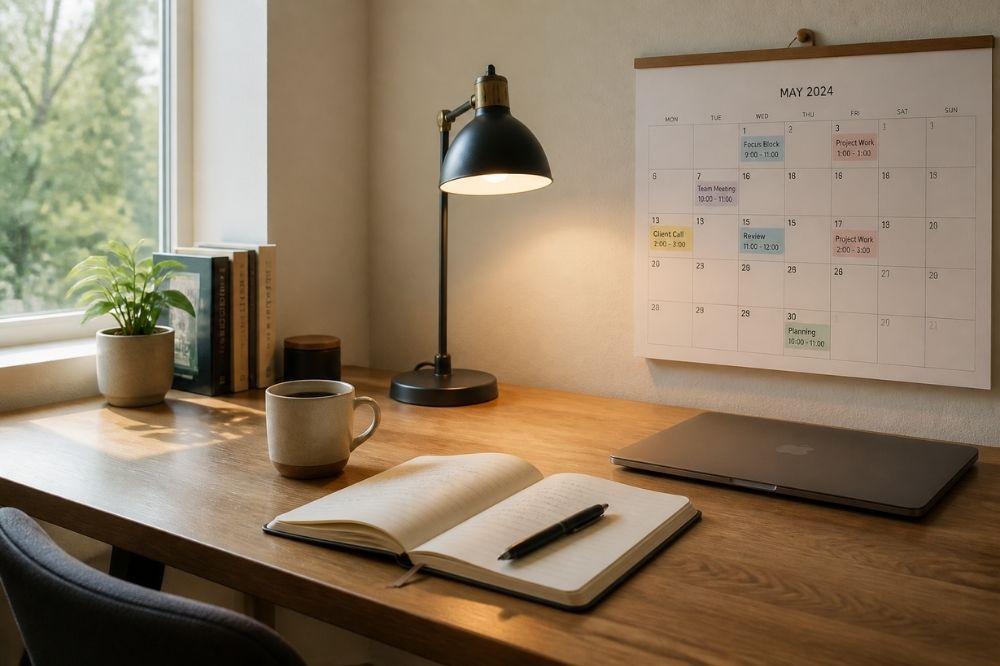 cozy workspace with calendar, lamp, and open notebook